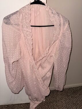Express Pink Swiss Dot Lace Wrap Blouse Busty or Layering Twist Top